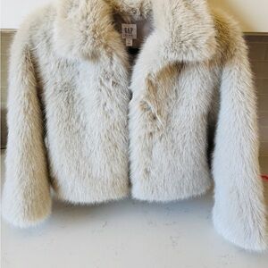 GAP Kids Plush Faux Fur Coat in Cream/Beige